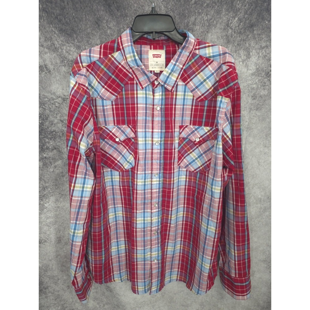 Levis Western Shirt Mens 2XL Red‎ Plaid Pearl Snap Cowboy Rodeo Vaquero
